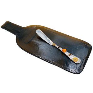 Wine Bottle Cheese Tray Server Beaded Spreader Knife Glass Art Party Tray